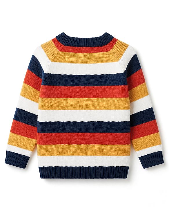 Babyhug 100% Cotton Knit Full Sleeves Striped Sweater Set with Cap - Navy Blue