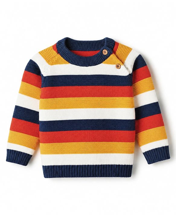 Babyhug 100% Cotton Knit Full Sleeves Striped Sweater Set with Cap - Navy Blue