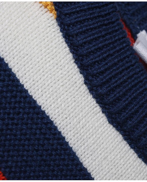 Babyhug 100% Cotton Knit Full Sleeves Striped Sweater Set with Cap - Navy Blue