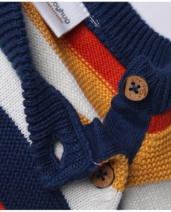 Babyhug 100% Cotton Knit Full Sleeves Striped Sweater Set with Cap - Navy Blue