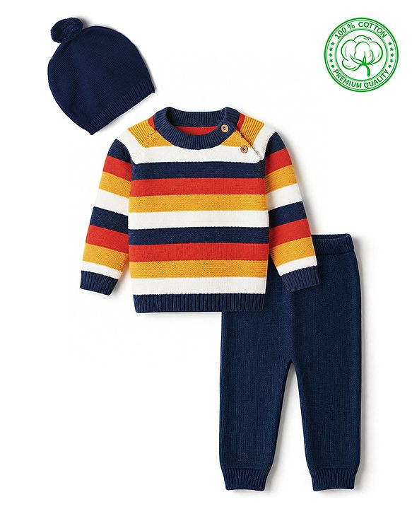 Babyhug 100% Cotton Knit Full Sleeves Striped Sweater Set with Cap - Navy Blue