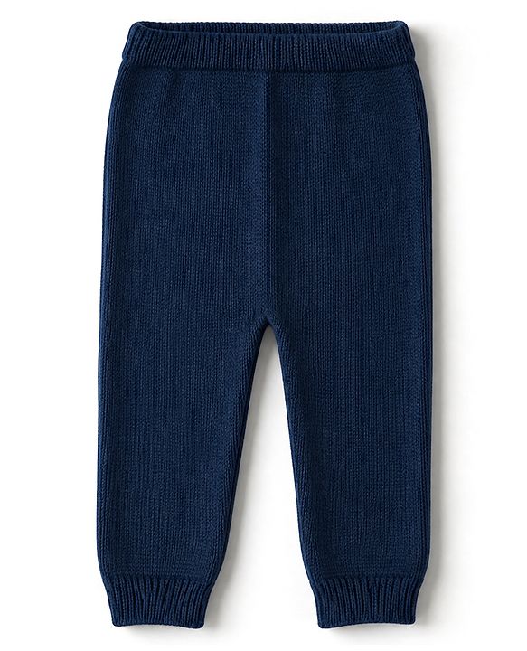 Babyhug 100% Cotton Knit Full Sleeves Striped Sweater Set with Cap - Navy Blue