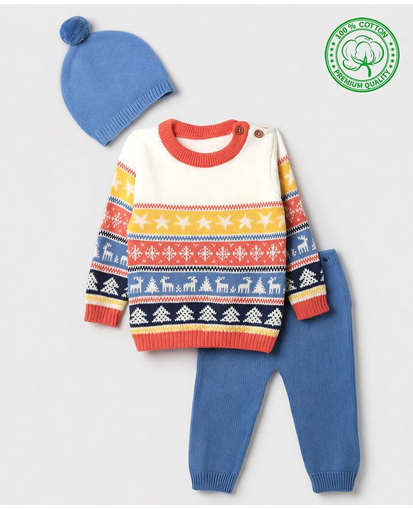Babyhug 100% Cotton Knit Full Sleeves Sweater Set with Cap & Snow Dear Design - White
