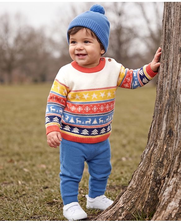 Babyhug 100% Cotton Knit Full Sleeves Sweater Set with Cap & Snow Dear Design - White