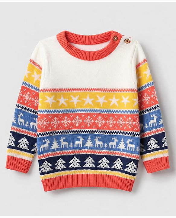 Babyhug 100% Cotton Knit Full Sleeves Sweater Set with Cap & Snow Dear Design - White