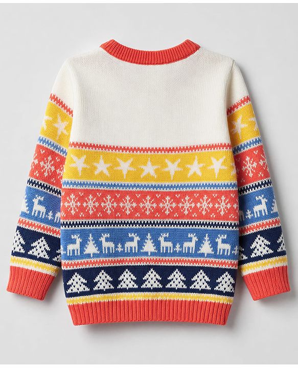 Babyhug 100% Cotton Knit Full Sleeves Sweater Set with Cap & Snow Dear Design - White