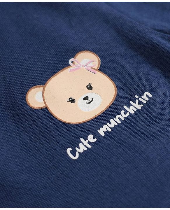 Babyhug Single Jersey Knit Frock and Bloomer with Half Sleeves and Bear Print in Navy Blue for New born