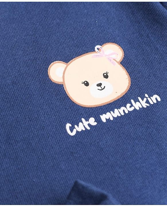 Babyhug Single Jersey Knit Frock and Bloomer with Half Sleeves and Bear Print in Navy Blue for New born