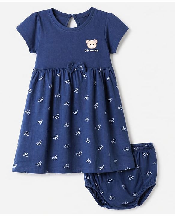 Babyhug Single Jersey Knit Frock and Bloomer with Half Sleeves and Bear Print in Navy Blue for New born