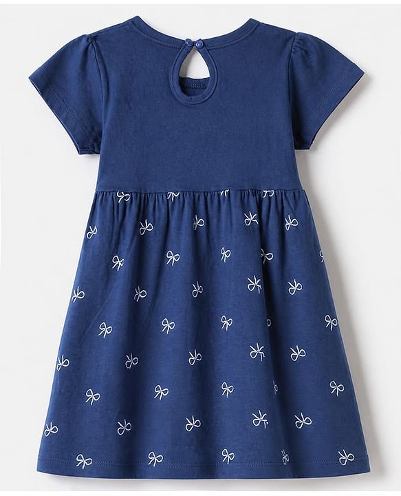 Babyhug Single Jersey Knit Frock and Bloomer with Half Sleeves and Bear Print in Navy Blue for New born