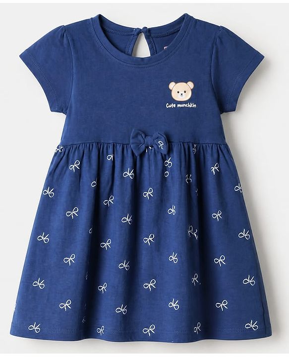 Babyhug Single Jersey Knit Frock and Bloomer with Half Sleeves and Bear Print in Navy Blue for New born