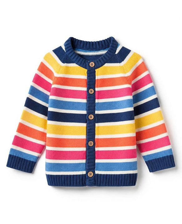 Babyhug 100% Cotton Knit Full Sleeves Striped Sweater Set with Cap - Navy Blue