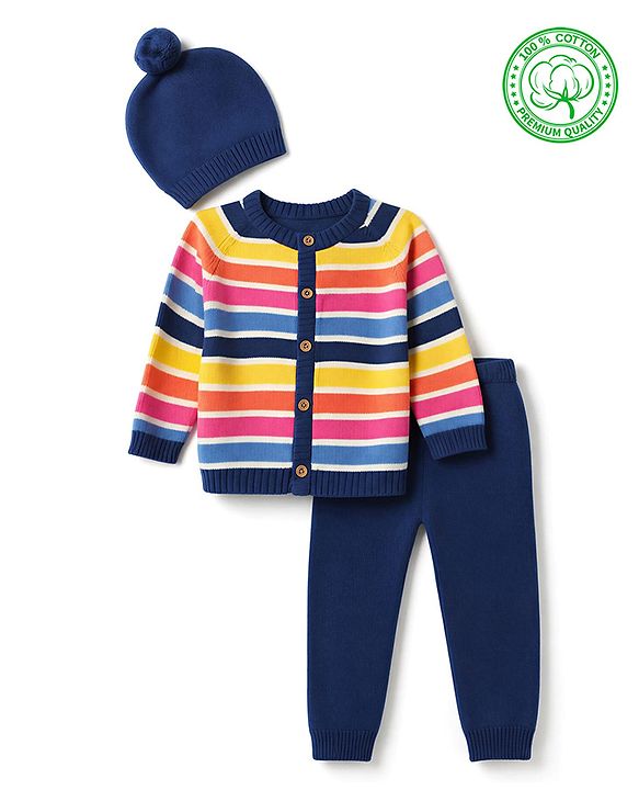 Babyhug 100% Cotton Knit Full Sleeves Striped Sweater Set with Cap - Navy Blue