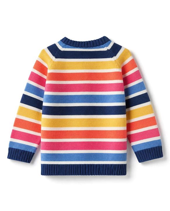 Babyhug 100% Cotton Knit Full Sleeves Striped Sweater Set with Cap - Navy Blue