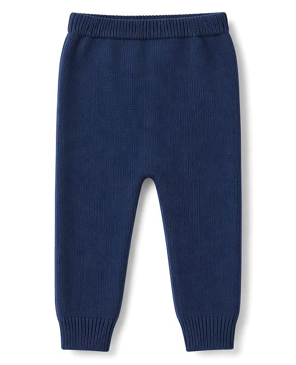 Babyhug 100% Cotton Knit Full Sleeves Striped Sweater Set with Cap - Navy Blue
