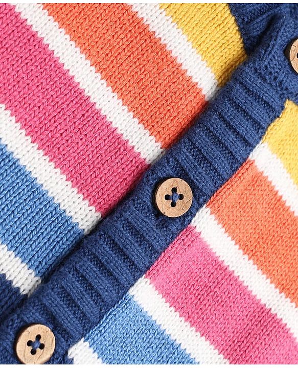 Babyhug 100% Cotton Knit Full Sleeves Striped Sweater Set with Cap - Navy Blue
