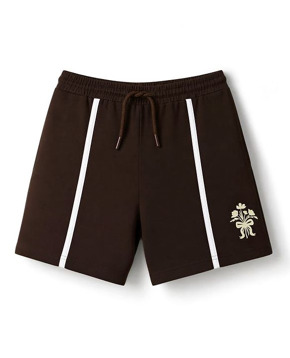 Pine Kids 100% Cotton Looper Knit Solid Shorts With Tape Detailing - Brown