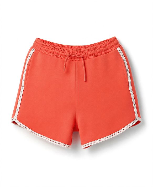 Pine Kids 100% Cotton Looper Knit Solid Shorts With Lace - Peach