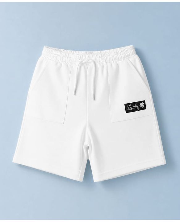 Pine Kids 100% Cotton Looper Knit Solid Shorts With Text Print - White