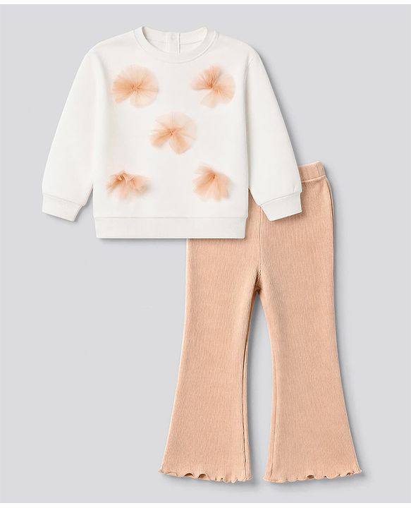 Babyhug 100% Cotton Single Jersey Knit Full Sleeves Top & Pants With Floral Applique - Cream & Peach