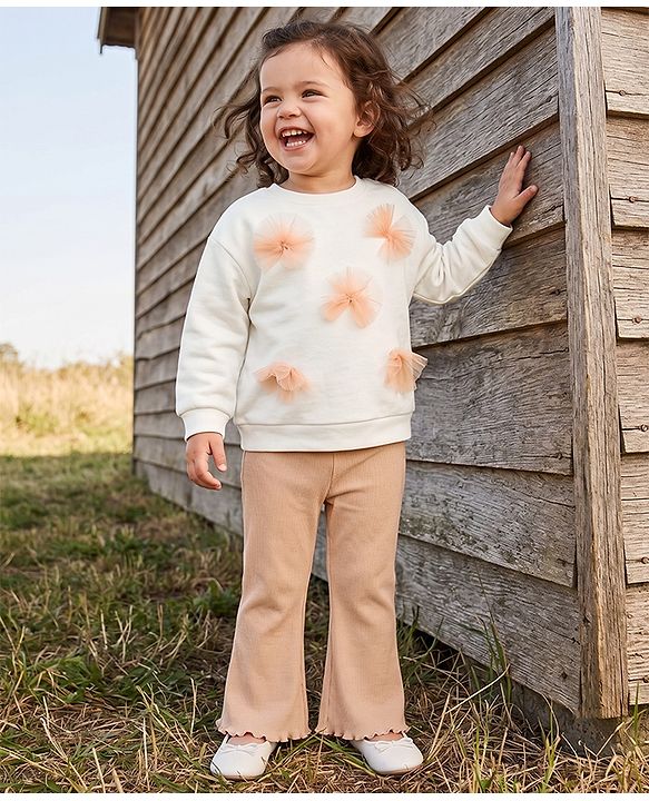Babyhug 100% Cotton Single Jersey Knit Full Sleeves Top & Pants With Floral Applique - Cream & Peach