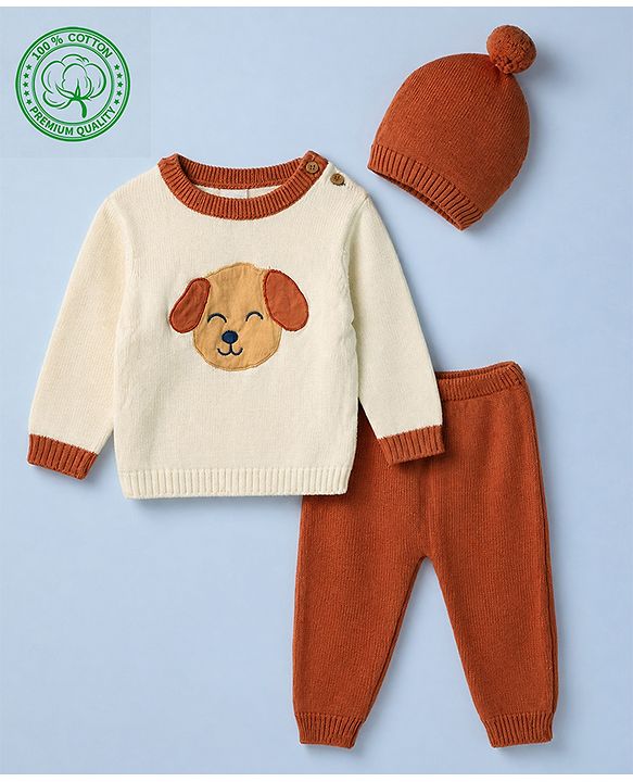 Babyhug Cotton Knit Full Sleeves Sweater and Pant Set with Cap and Dog Patch - White