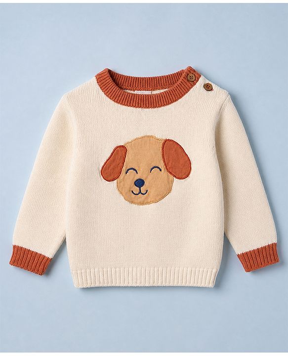 Babyhug Cotton Knit Full Sleeves Sweater and Pant Set with Cap and Dog Patch - White