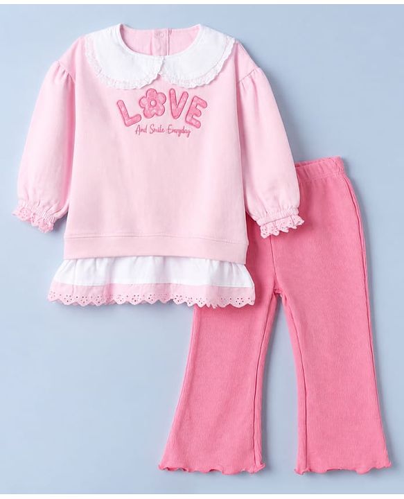 Babyhug 100% Cotton Single Jersey Knit Full Sleeves Top & Leggings Set With Text Print - Pink