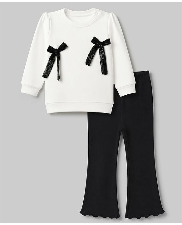 Babyhug 100% Cotton Single Jersey Knit Full Sleeves Top & Pants With Sequin Detailing Bow - White & Black