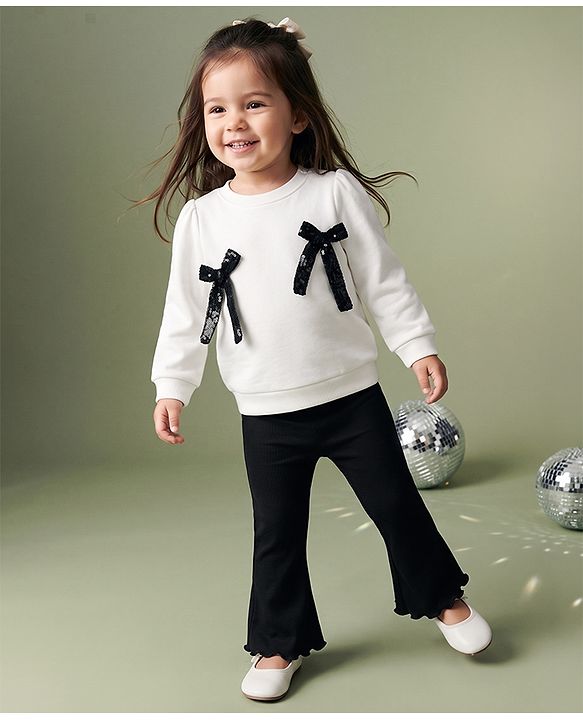 Babyhug 100% Cotton Single Jersey Knit Full Sleeves Top & Pants With Sequin Detailing Bow - White & Black