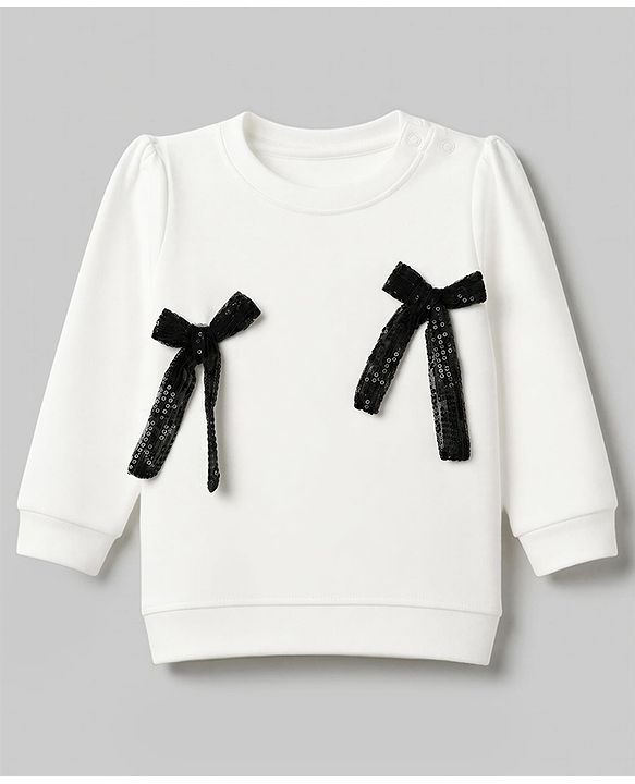 Babyhug 100% Cotton Single Jersey Knit Full Sleeves Top & Pants With Sequin Detailing Bow - White & Black