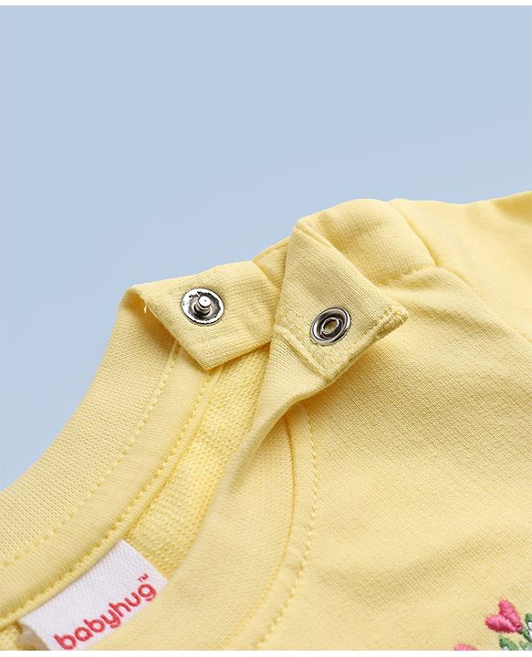 Babyhug 100% Cotton Single Jersey Knit Full Sleeves Top and Legging Set with Lace Details and Floral Embroidery - Yellow