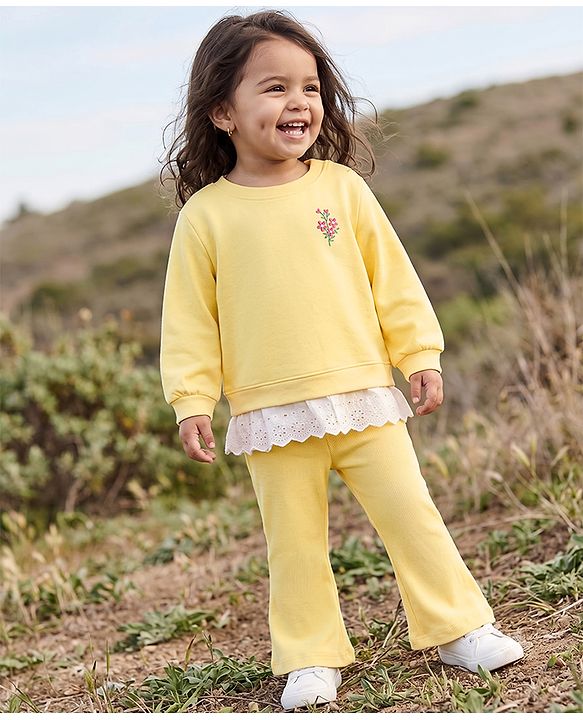 Babyhug 100% Cotton Single Jersey Knit Full Sleeves Top and Legging Set with Lace Details and Floral Embroidery - Yellow