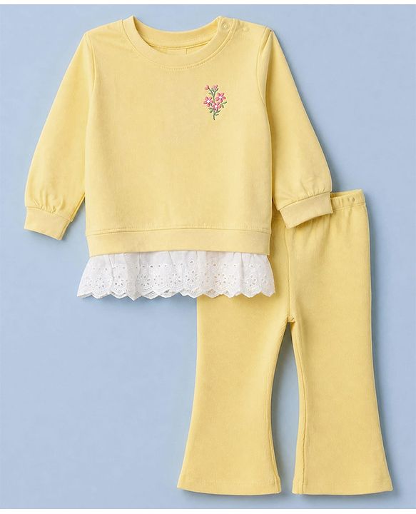 Babyhug 100% Cotton Single Jersey Knit Full Sleeves Top and Legging Set with Lace Details and Floral Embroidery - Yellow