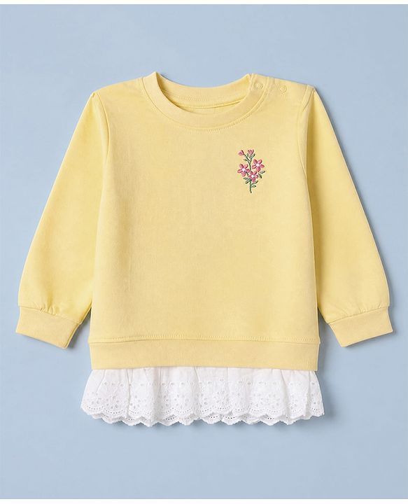 Babyhug 100% Cotton Single Jersey Knit Full Sleeves Top and Legging Set with Lace Details and Floral Embroidery - Yellow