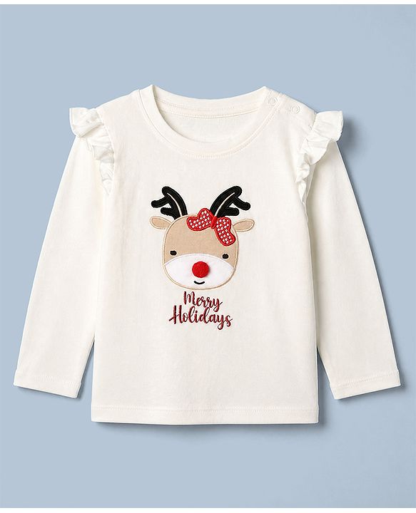 Babyhug Cotton Single Jersey Knit Full Sleeves Top and Skirt with Reindeer Embroidery - White
