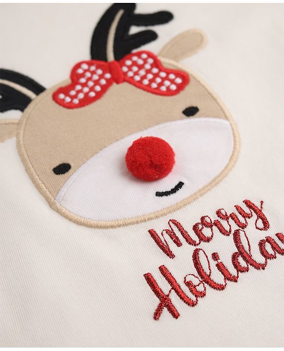 Babyhug Cotton Single Jersey Knit Full Sleeves Top and Skirt with Reindeer Embroidery - White
