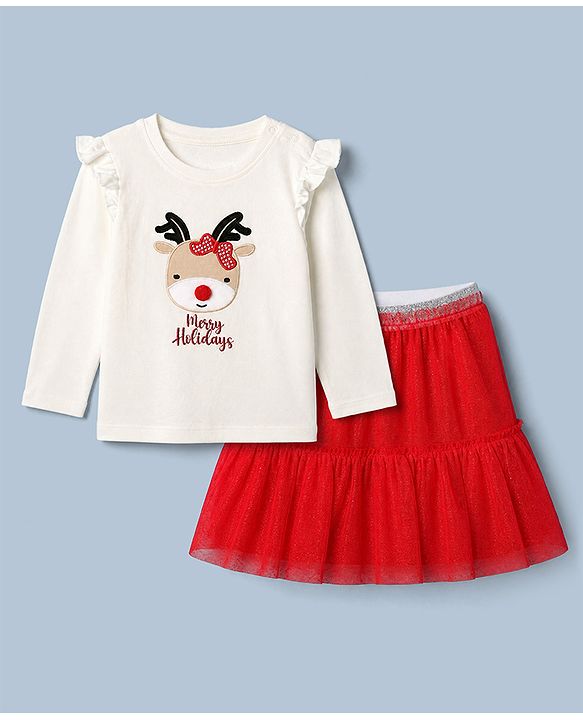 Babyhug Cotton Single Jersey Knit Full Sleeves Top and Skirt with Reindeer Embroidery - White