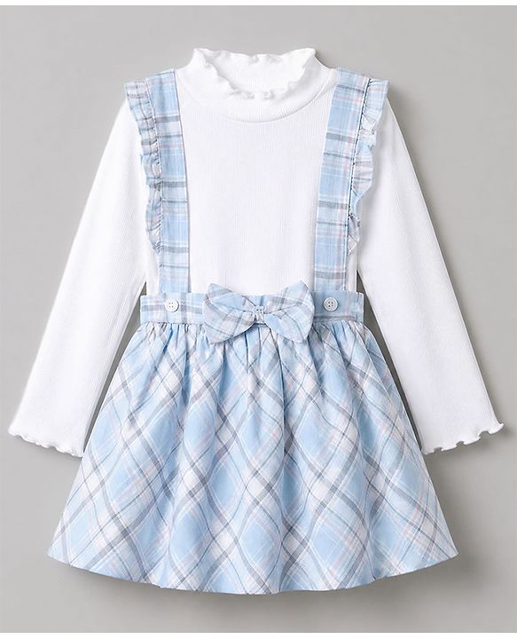 Babyhug 100% Cotton Single Jersey Knit Woven Full Sleeves Top & Checked Skirt Set With Bow - Light Blue