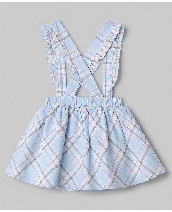 Babyhug 100% Cotton Single Jersey Knit Woven Full Sleeves Top & Checked Skirt Set With Bow - Light Blue
