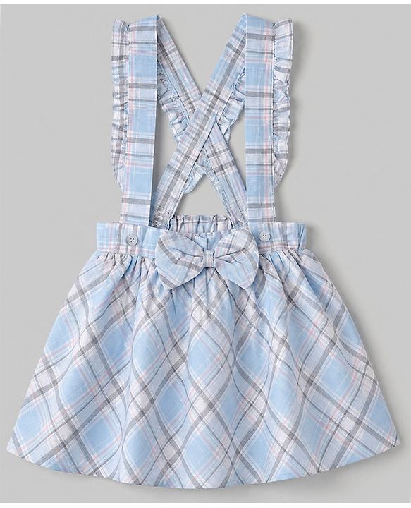 Babyhug 100% Cotton Single Jersey Knit Woven Full Sleeves Top & Checked Skirt Set With Bow - Light Blue
