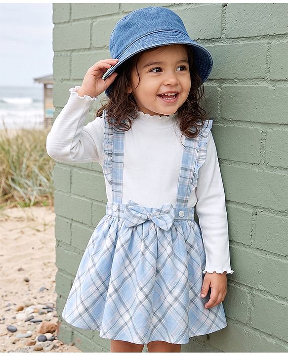 Babyhug 100% Cotton Single Jersey Knit Woven Full Sleeves Top & Checked Skirt Set With Bow - Light Blue
