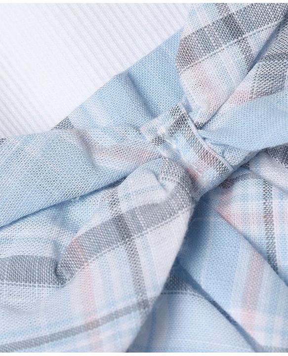Babyhug 100% Cotton Single Jersey Knit Woven Full Sleeves Top & Checked Skirt Set With Bow - Light Blue