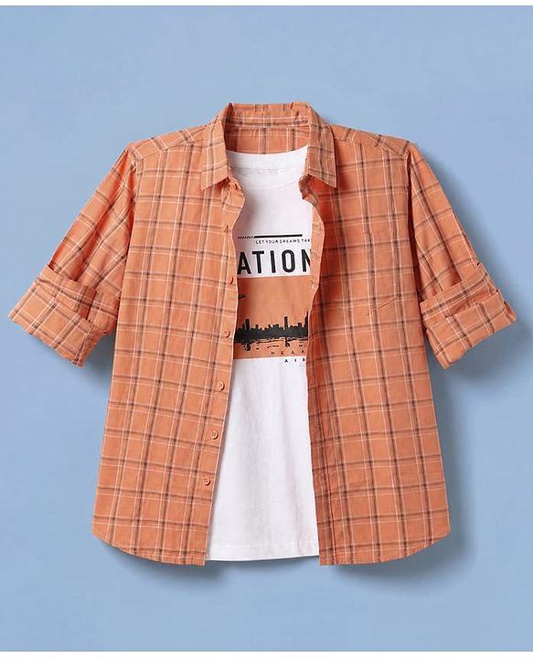 Pine Kids 100% Cotton Woven Full Sleeves Checked Shirt and T-Shirt with Nation Print - Rust Orange