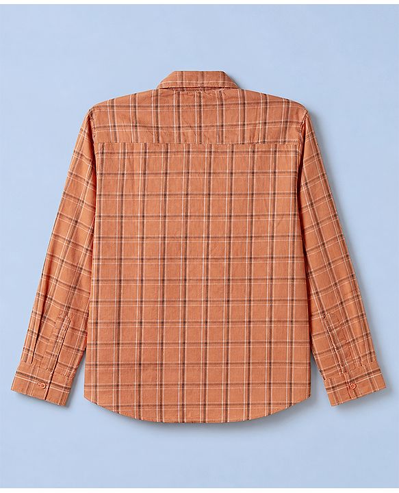 Pine Kids 100% Cotton Woven Full Sleeves Checked Shirt and T-Shirt with Nation Print - Rust Orange