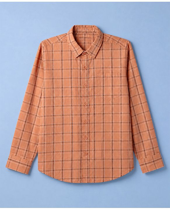 Pine Kids 100% Cotton Woven Full Sleeves Checked Shirt and T-Shirt with Nation Print - Rust Orange