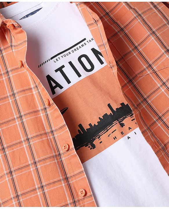 Pine Kids 100% Cotton Woven Full Sleeves Checked Shirt and T-Shirt with Nation Print - Rust Orange