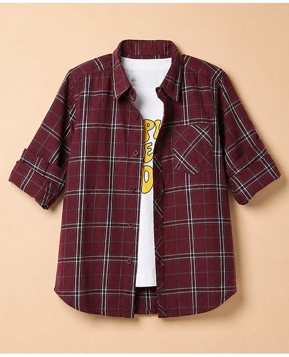 Pine Kids 100% Cotton Woven Full Sleeves Shirt And T-Shirt with Half Sleeves And Inspire Someone Today Text Print - Maroon
