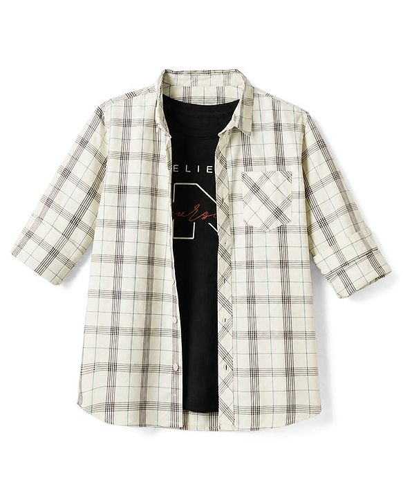 Pine Kids 100% Cotton Woven Full Sleeves Checks Shirts and T-shirt with Half Sleeves Tee and Believe In Yourself Print - Beige