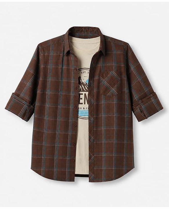 Pine Kids 100% Cotton Woven Shirts with Tank Top and Full Sleeves and Mountains Print - Brown